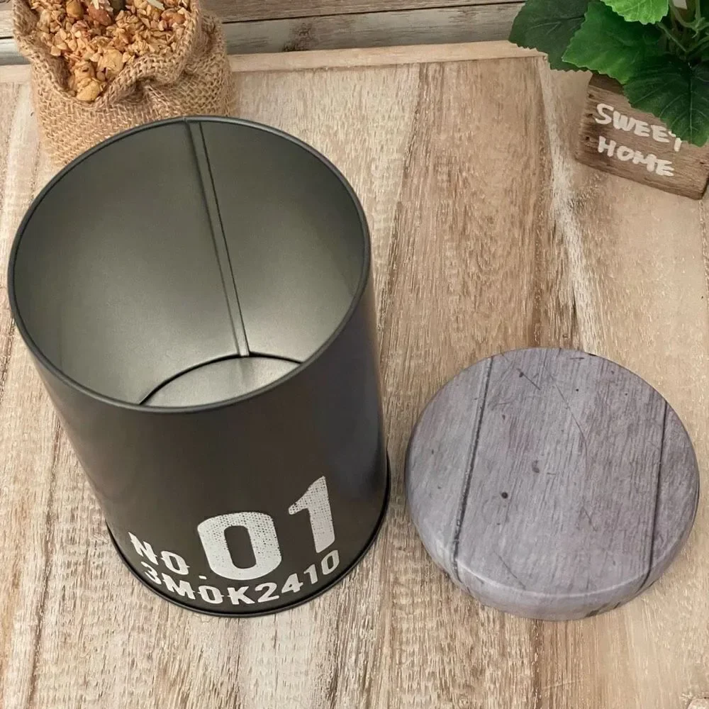 NWT Daiso Gorgeous No 01 3MOK2410 Grey Metal Canister Reclaimed Pattern Wood Lid